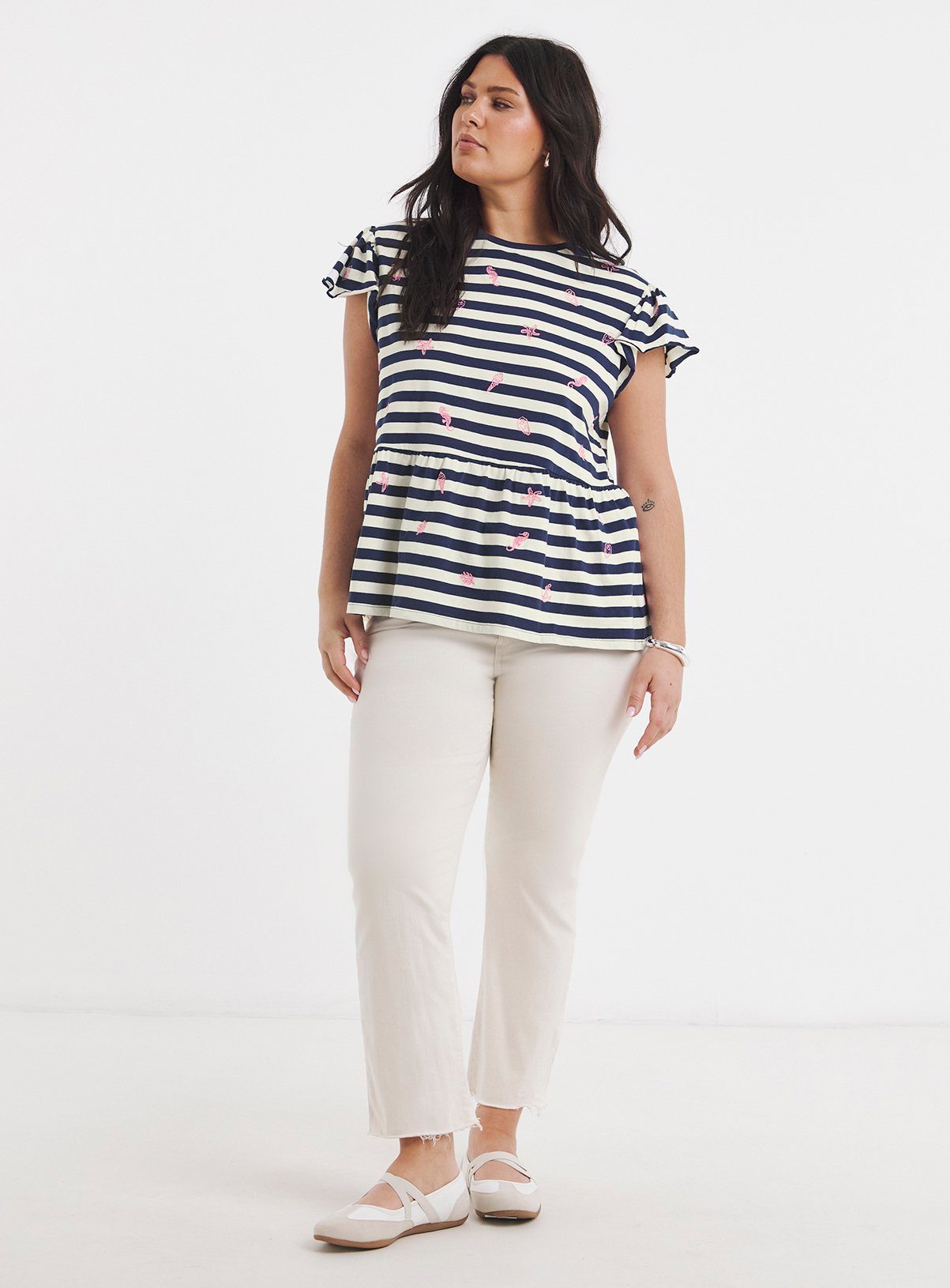 SIMPLY BE Embroidered Seaside Stripe Peplum Top 30 - Image 3 thumbnail